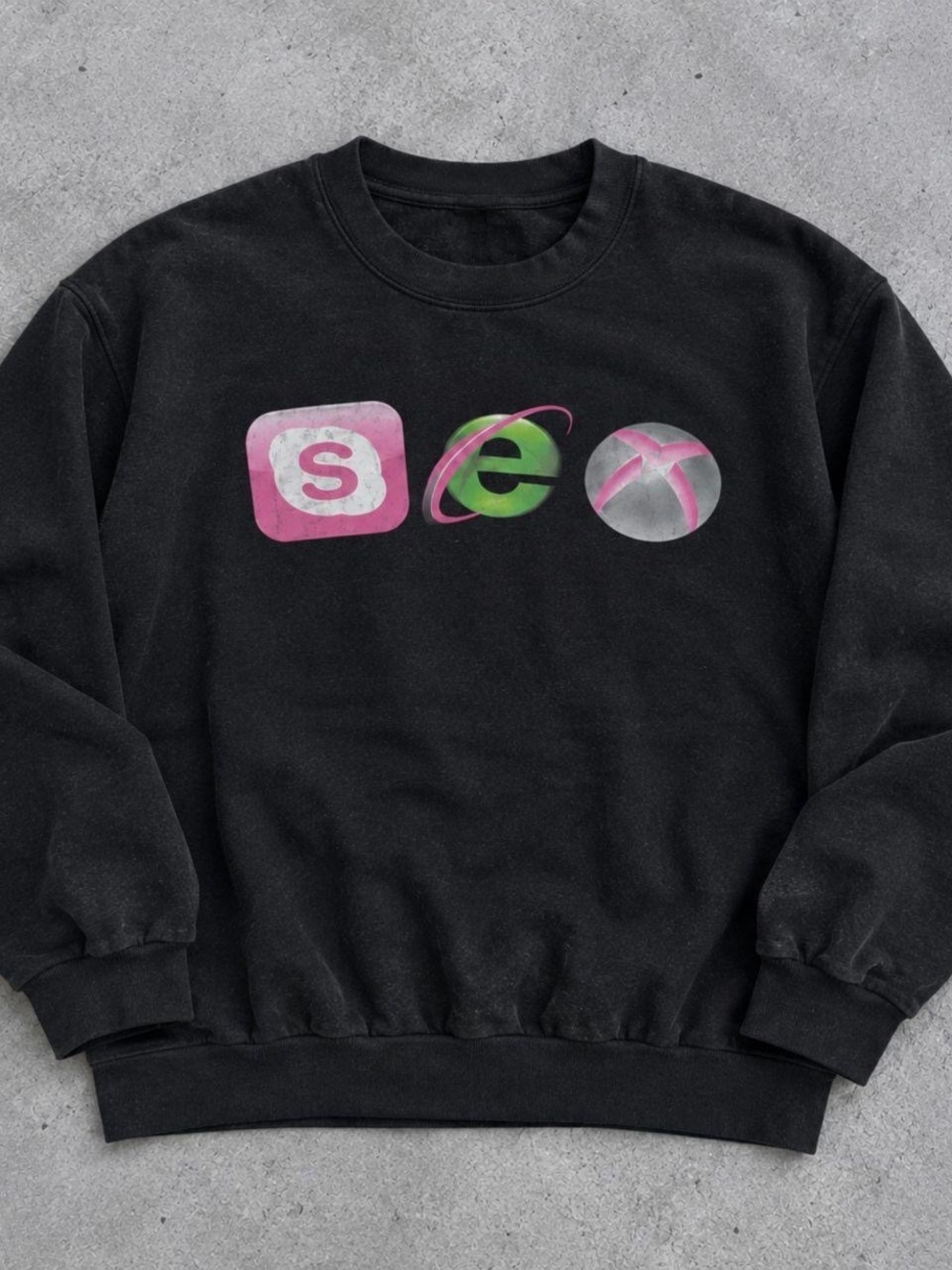 Gildan Black Crewneck Sweatshirt with Pink & Green Graphic Icons